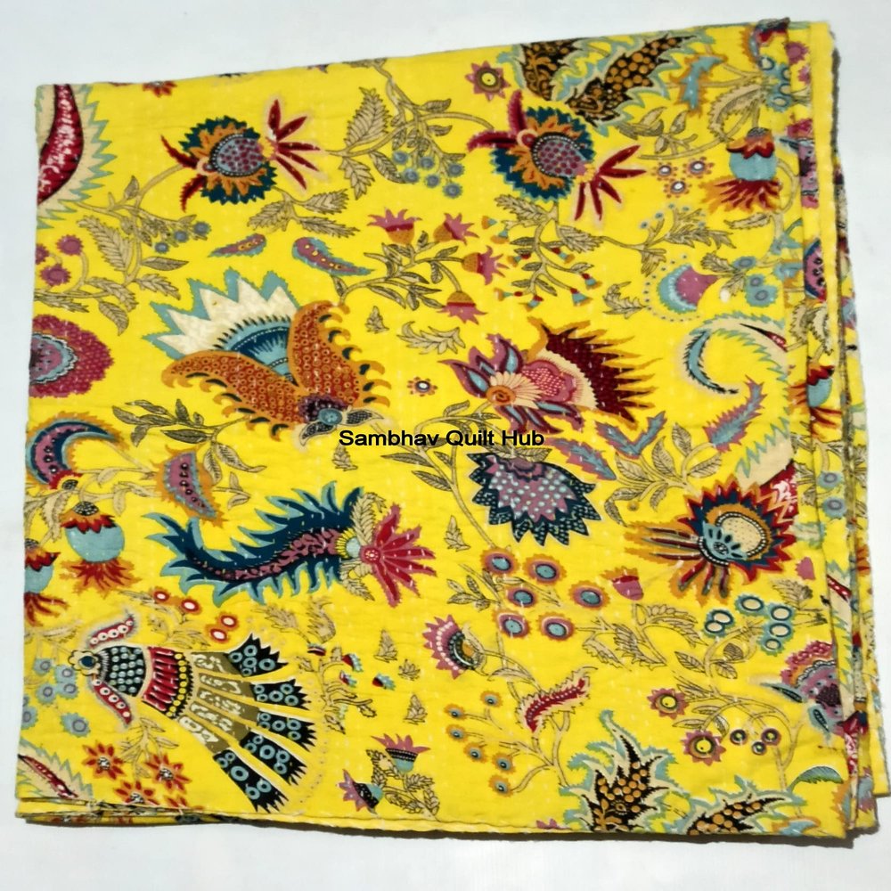 Multicolor Handmade Crown Mukut Print Kantha Quilting Kantha Blanket Bed Cover King Kantha Bedspread Bohemian Bedding Cotton Kantha with 2 Pillow Cover (Yellow, 108X108inch with 2 Pillow Cover)