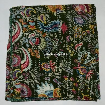Multicolor Handmade Crown Mukut Print Kantha Quilting Kantha Blanket Bed Cover King Kantha Bedspread Bohemian Bedding Cotton Kantha with 2 Pillow Cover (Green, 108X108inch with 2 Pillow Cover)