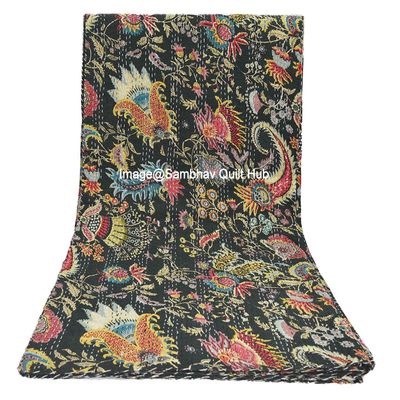 Multicolor Handmade Crown Mukut Print Kantha Quilting Kantha Blanket Bed Cover King Kantha Bedspread Bohemian Bedding Cotton Kantha with 2 Pillow Cover (Black, 108X108inch with 2 Pillow Cover)