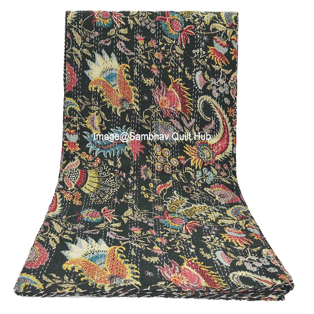 Multicolor Handmade Crown Mukut Print Kantha Quilting Kantha Blanket Bed Cover King Kantha Bedspread Bohemian Bedding Cotton Kantha with 2 Pillow Cover (Black, 108X108inch with 2 Pillow Cover)