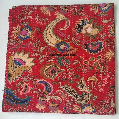 Multicolor Handmade Crown Mukut Print Kantha Quilting Kantha Blanket Bed Cover King Kantha Bedspread Bohemian Bedding Cotton Kantha with 2 Pillow Cover (Red, 108X108inch with 2 Pillow Cover)