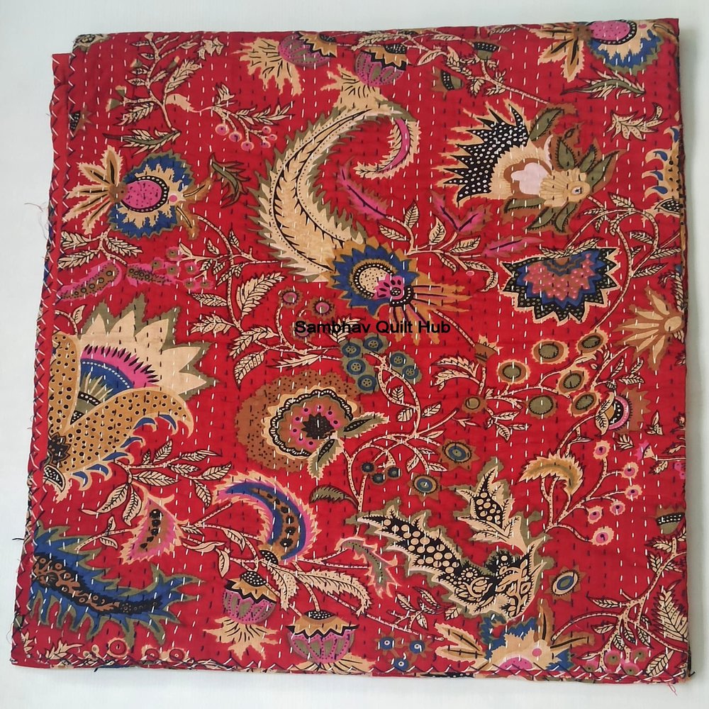 Multicolor Handmade Crown Mukut Print Kantha Quilting Kantha Blanket Bed Cover King Kantha Bedspread Bohemian Bedding Cotton Kantha with 2 Pillow Cover (Red, 108X108inch with 2 Pillow Cover)