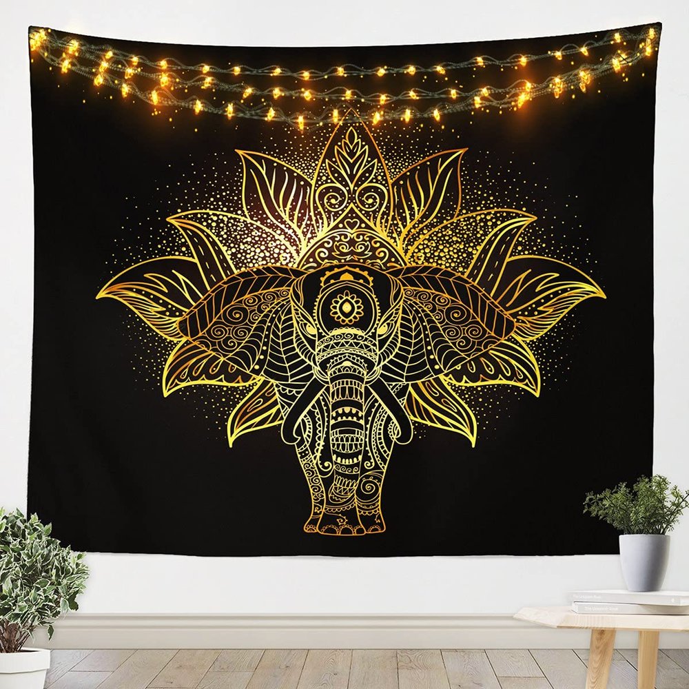 Feelyou Gold Elephant Wall Hanging Boho Mandala Tapestry Bohemian Exotic Style Wall Blanket for Boys Girls Kids Black Golden Tribal Ethnic Elephant Art for Bedroom Living Room Decor Large 59x82