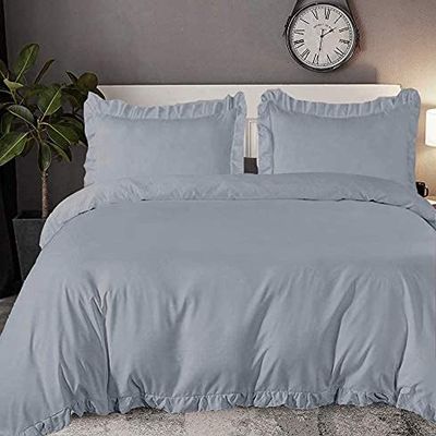 100% Organic Cotton Edge Ruffle Duvet Cover Set with Zipper Closure and Corner Ties, Cal-King/King Size Silver Solid, 600 TC Ultra Soft Luxury 1 Duvet Cover with 4 Pillow Protector (5 PC)