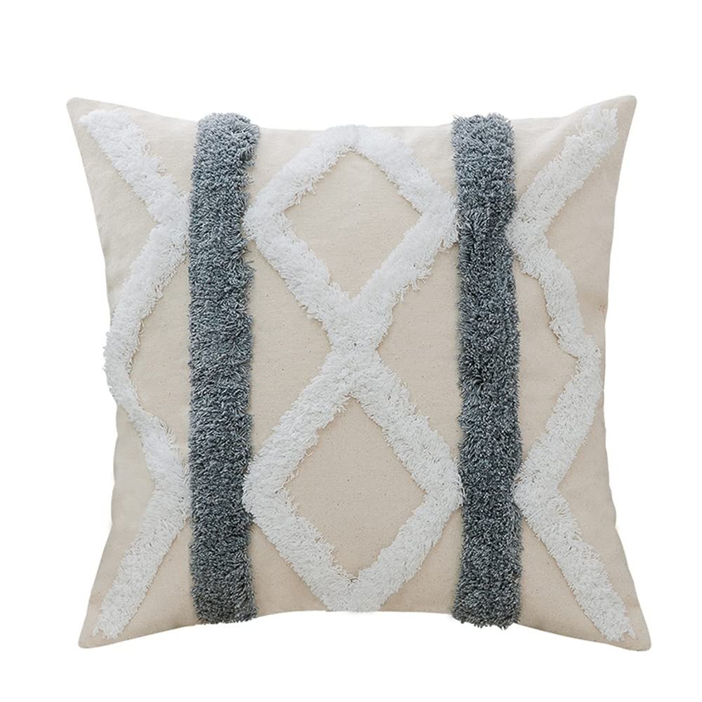 XSlive Tufted Decorative Throw Pillow Cover,Boho Geometric Woven Cotton Cushion Cover Square Accent Pillowcase for Sofa Couch Bedroom (Grey,18" x 18")