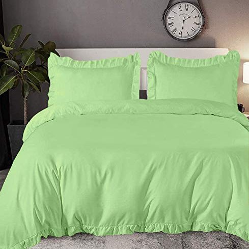 100% Organic Cotton Edge Ruffle Duvet Cover Set with Zipper Closure and Corner Ties, Twin/Twin XL Size Sage Green Solid, 600 TC Ultra Soft Luxury 1 Duvet Cover with 4 Pillow Protector (5 PC)