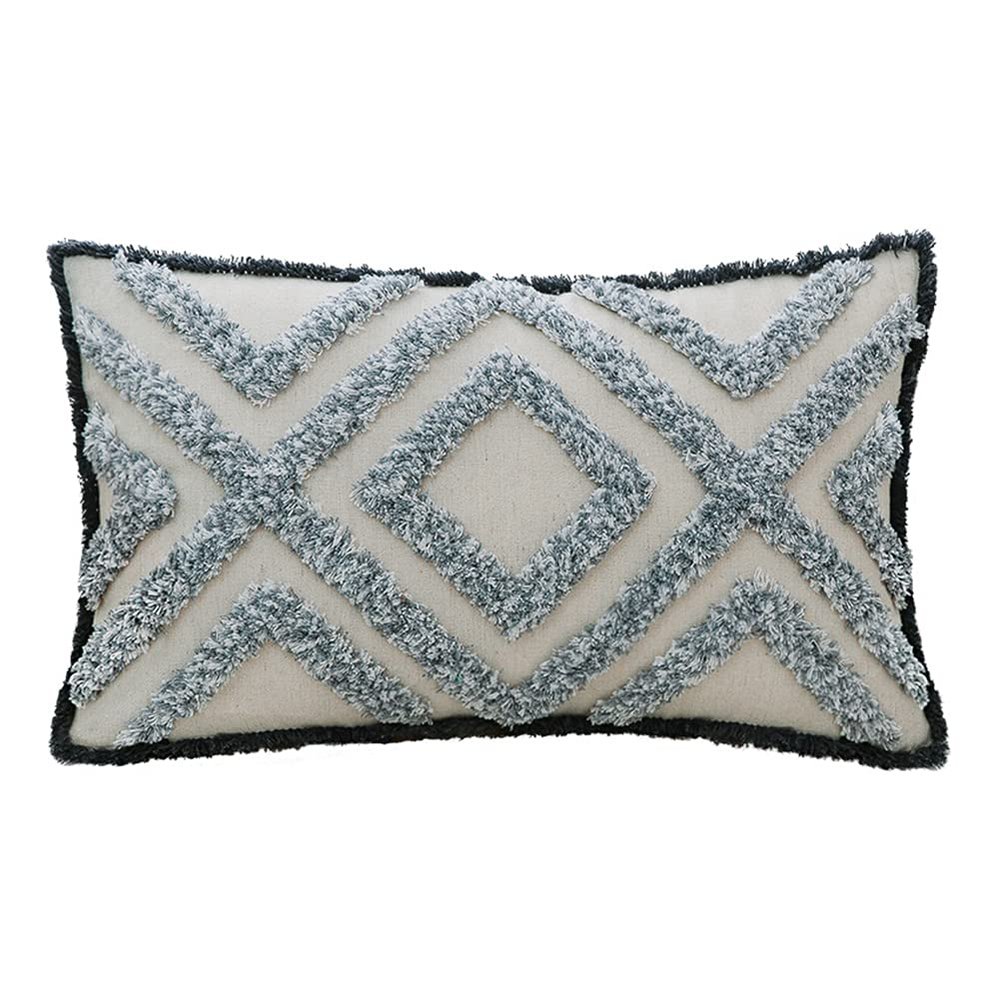 XSlive Tufted Decorative Throw Pillow Cover,Boho Geometric Woven Cotton Cushion Cover Rectangle Lumbar Pillowcase for Sofa Couch Bedroom (Grey White,12" x 20")