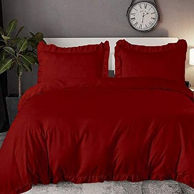 100% Organic Cotton Edge Ruffle Duvet Cover Set with Zipper Closure and Corner Ties, Oversized King Size Burgundy Solid, 600 TC Ultra Soft Luxury 1 Duvet Cover with 4 Pillow Protector (5 PC)