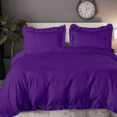 100% Organic Cotton Edge Ruffle Duvet Cover Set with Zipper Closure and Corner Ties, Queen/Full Size Purpal Solid, 600 TC Ultra Soft Luxury 1 Duvet Cover with 4 Pillow Protector (5 PC)
