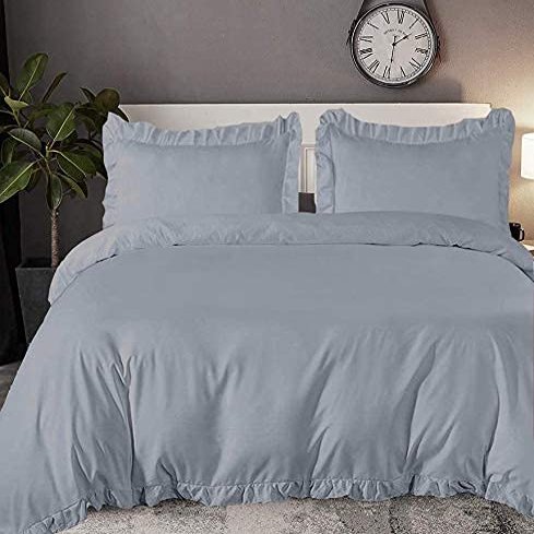 100% Organic Cotton Edge Ruffle Duvet Cover Set with Zipper Closure and Corner Ties, Twin/Twin XL Size Silver Solid, 600 TC Ultra Soft Luxury 1 Duvet Cover with 4 Pillow Protector (5 PC)