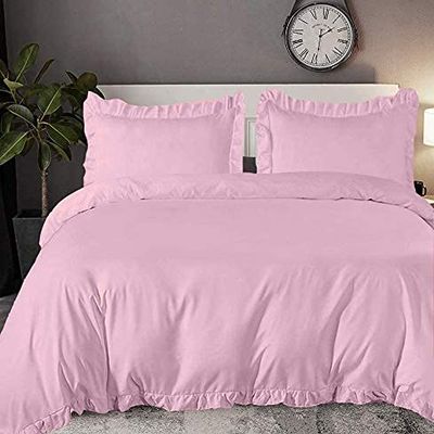 100% Organic Cotton Edge Ruffle Duvet Cover Set with Zipper Closure and Corner Ties, Oversized King Size Baby Pink Solid, 600 TC Ultra Soft Luxury 1 Duvet Cover with 4 Pillow Protector (5 PC)