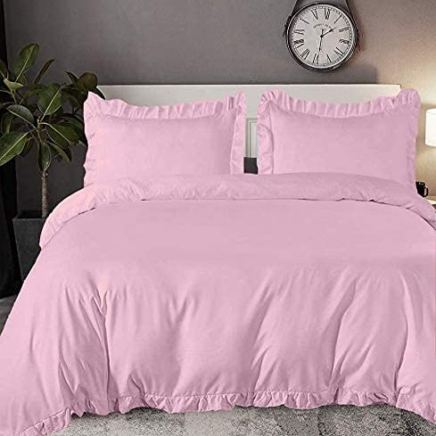 100% Organic Cotton Edge Ruffle Duvet Cover Set with Zipper Closure and Corner Ties, Oversized King Size Baby Pink Solid, 600 TC Ultra Soft Luxury 1 Duvet Cover with 4 Pillow Protector (5 PC)