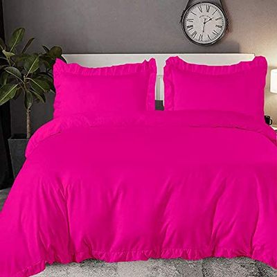 100% Organic Cotton Edge Ruffle Duvet Cover Set with Zipper Closure and Corner Ties, Cal-King/King Size Hot Pink Solid, 600 TC Ultra Soft Luxury 1 Duvet Cover with 4 Pillow Protector (5 PC)