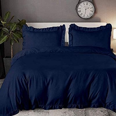 100% Organic Cotton Edge Ruffle Duvet Cover Set with Zipper Closure and Corner Ties, Cal-King/King Size Navy Blue Solid, 600 TC Ultra Soft Luxury 1 Duvet Cover with 4 Pillow Protector (5 PC)