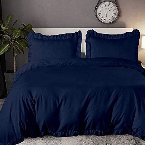 100% Organic Cotton Edge Ruffle Duvet Cover Set with Zipper Closure and Corner Ties, Cal-King/King Size Navy Blue Solid, 600 TC Ultra Soft Luxury 1 Duvet Cover with 4 Pillow Protector (5 PC)