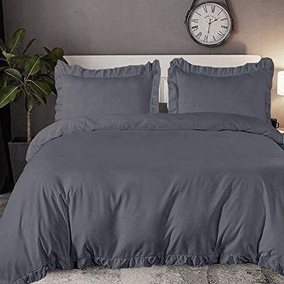 100% Organic Cotton Edge Ruffle Duvet Cover Set with Zipper Closure and Corner Ties, Twin/Twin XL Size Dark Grey Solid, 600 TC Ultra Soft Luxury 1 Duvet Cover with 4 Pillow Protector (5 PC)