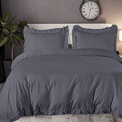 100% Organic Cotton Edge Ruffle Duvet Cover Set with Zipper Closure and Corner Ties, Twin/Twin XL Size Dark Grey Solid, 600 TC Ultra Soft Luxury 1 Duvet Cover with 4 Pillow Protector (5 PC)