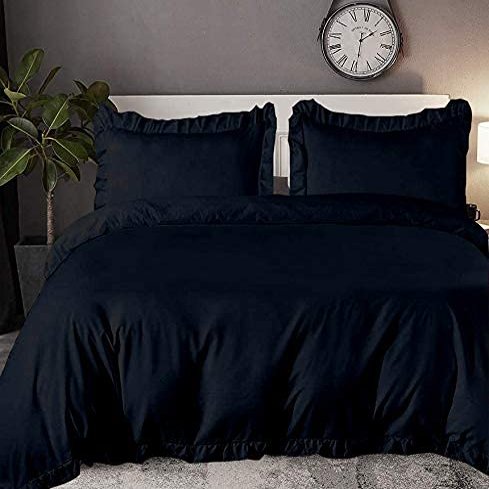 100% Organic Cotton Edge Ruffle Duvet Cover Set with Zipper Closure and Corner Ties, Queen/Full Size Black Solid, 600 TC Ultra Soft Luxury 1 Duvet Cover with 4 Pillow Protector (5 PC)