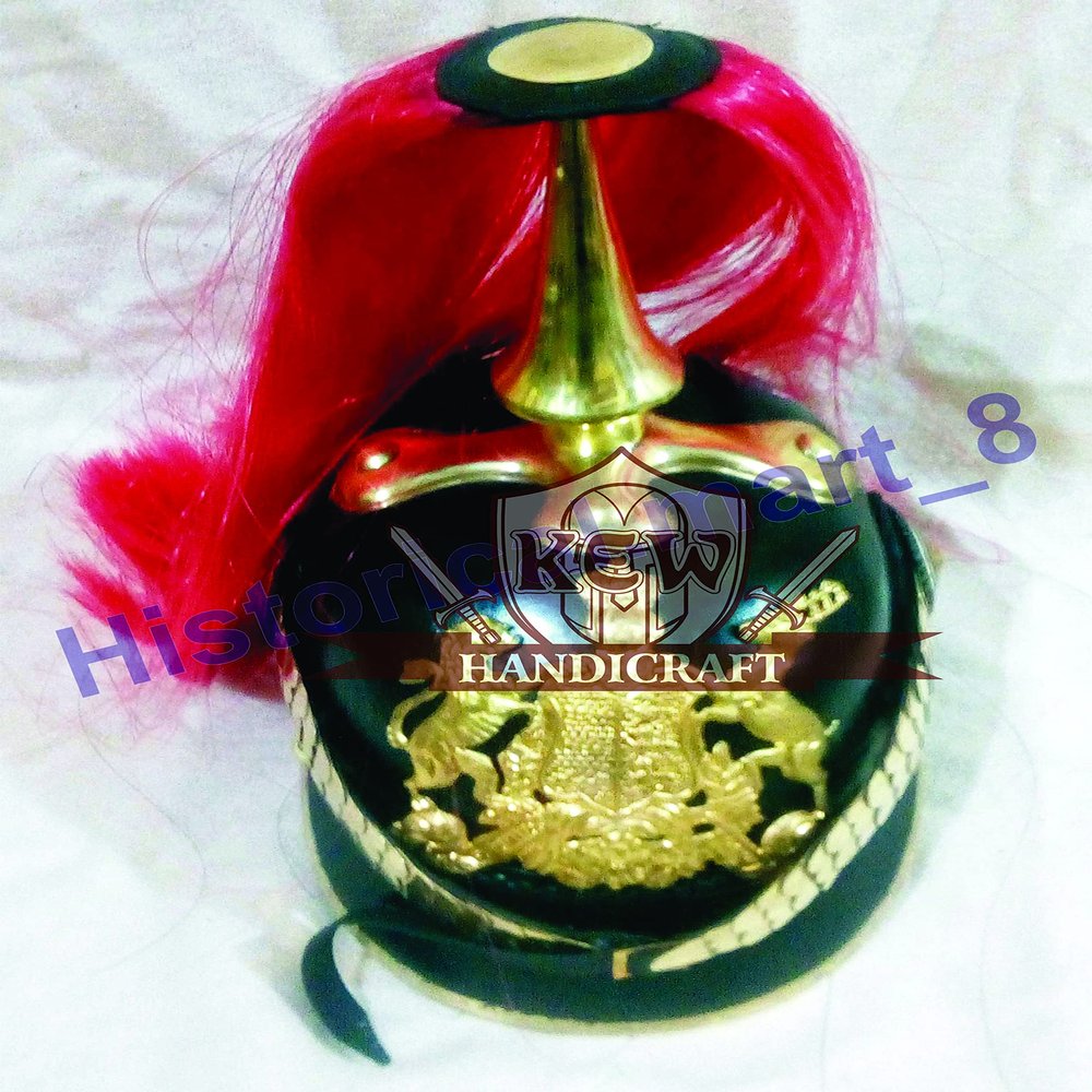 German Leather Pickelhaube Helmet with Red PlumWWI-II Repro Prussian Wearable-DF1