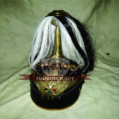 German Leather Pickelhaube Helmet with with White Black Plum WWI-II Repro Prussian Wearable-DF2