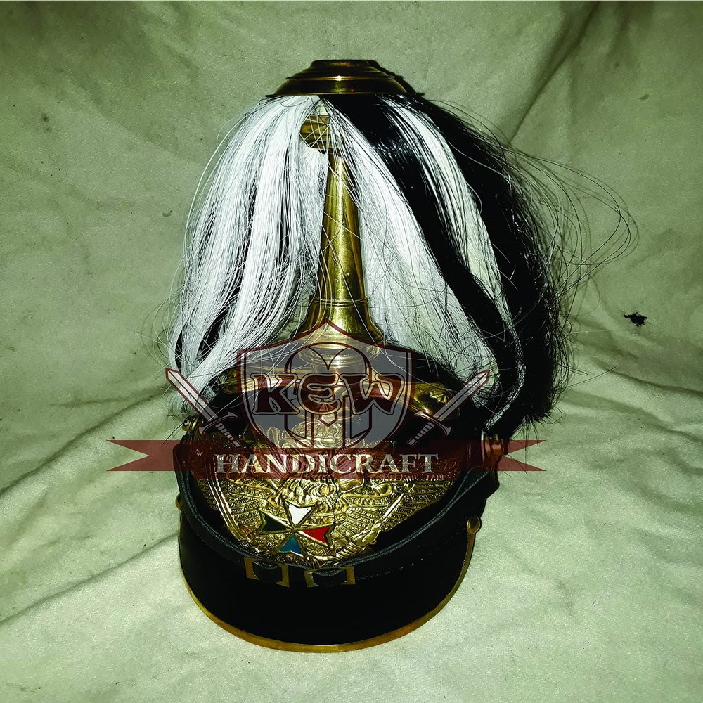 German Leather Pickelhaube Helmet with with White Black Plum WWI-II Repro Prussian Wearable-DF2