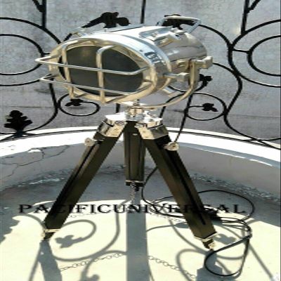 Theater Studio Chrome Floor Lamp with Tripod Marine Nautical Spot Light.