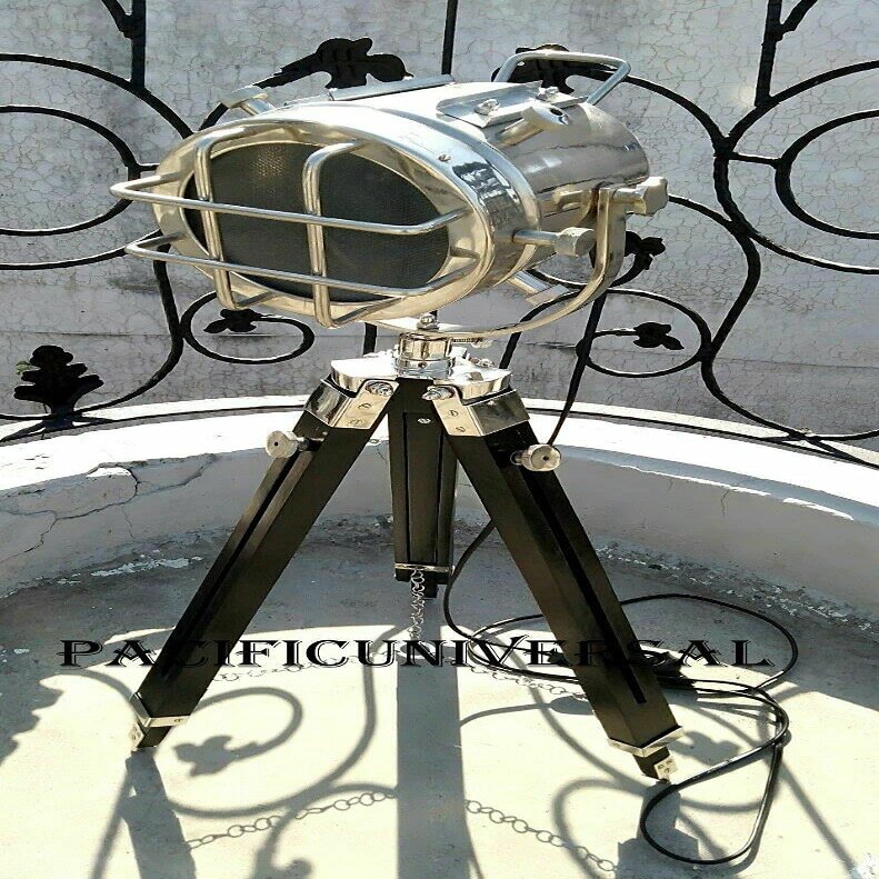 Theater Studio Chrome Floor Lamp with Tripod Marine Nautical Spot Light.