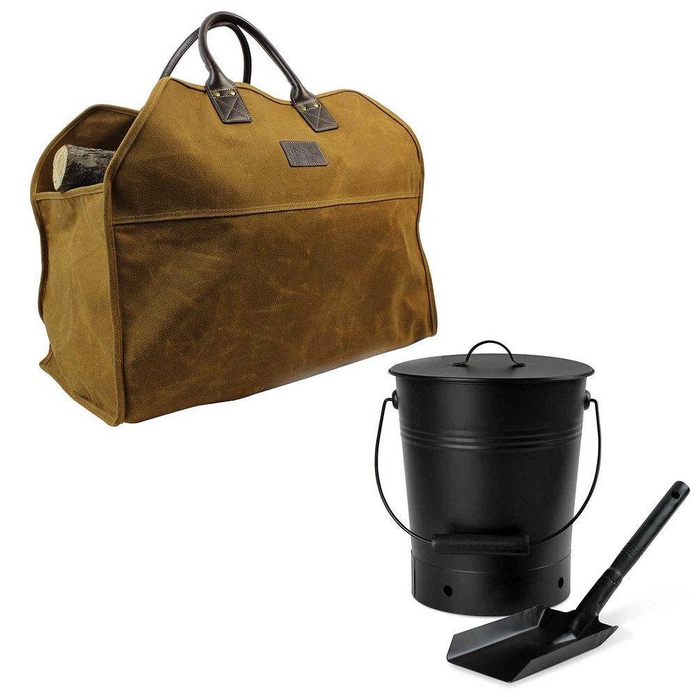 Ash Bucket with Lid and Wood Handle Coal Shovel and Heavy Duty Wax Canvas Log Carrier Tote