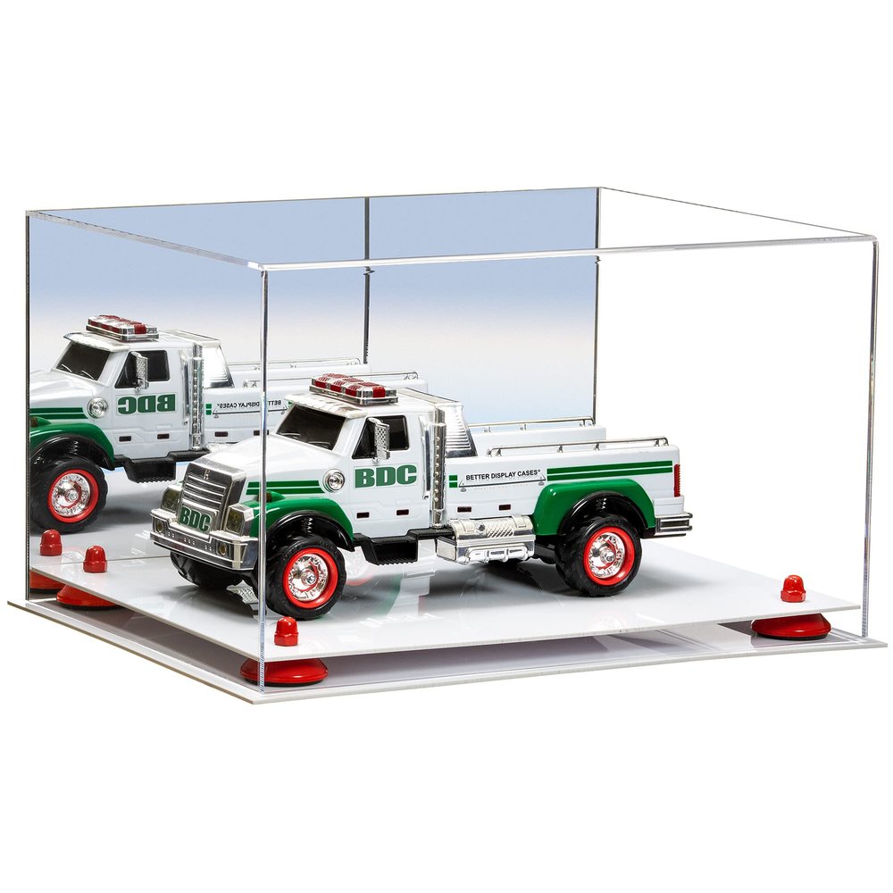 Better Display Cases Acrylic Versatile Display Case Display Case - Medium Square Box with Mirror Case, Red Risers and White Base 15.25" x 12" x 9" (V13/A082)