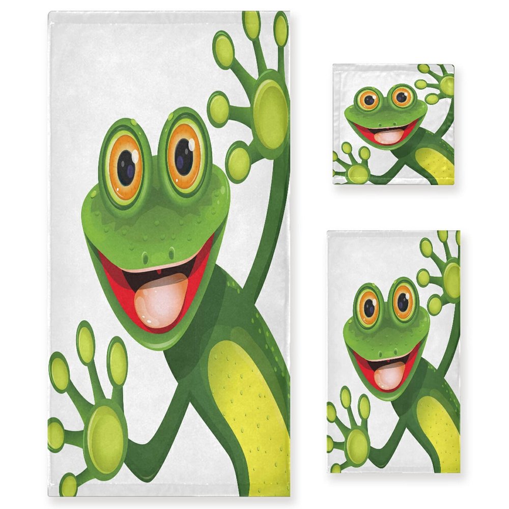 ALAZA Cartoon Frog Green Summer Soft 3 Piece Bath Towels Set for Bathroom Spa Hotel, 1 Bath Towel+ 1 Hand Towel+ 1 Washcloth