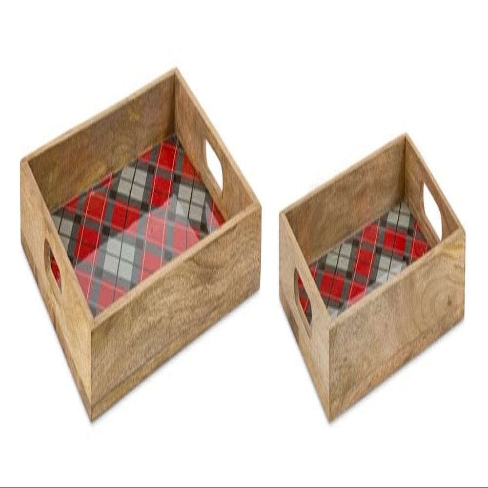 Melrose International 80236DS 10.75 x 16 & 16 x 20 in. Wood Plaid Tray, Brown - Set of 2