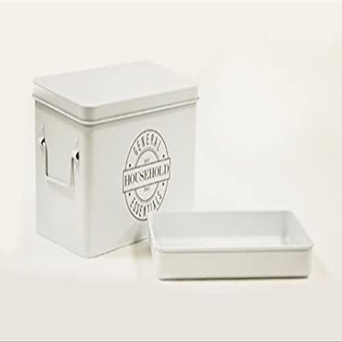 AQ Organizational Divided Metal Tin Caddy with Hinged Lid & Removable Tray, Storage Box for First Aid, Medicine and Pharmacy Items, Crafting and Sewing Supplies, Tools - Matte White & Grey