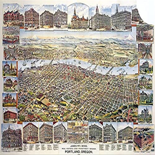 1890 MAP PORTLAND OREGON LANDMARKS UNITED STATES AMERICAN REPRO POSTER (20 X 30 IMAGE SIZE PAPER)