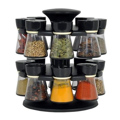 Home Stuff Joie Revolving Plastic Spice Rack 16 in 1 Jar | Multipurpose Uses Storage Set Condiment Masala Rack Set | 16 Pieces - Green (brown)