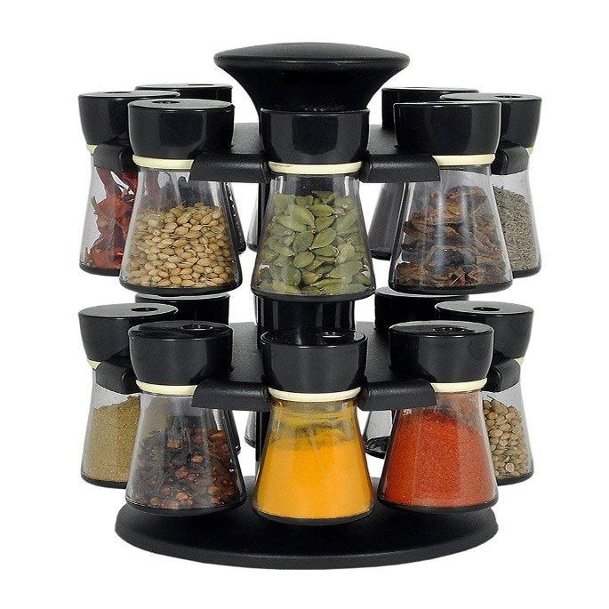 Home Stuff Joie Revolving Plastic Spice Rack 16 in 1 Jar | Multipurpose Uses Storage Set Condiment Masala Rack Set | 16 Pieces - Green (brown)