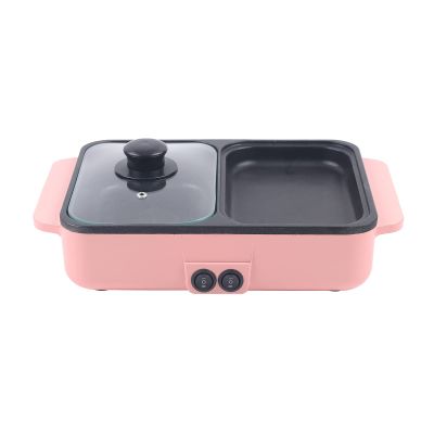2 in 1 Multifunctional Electric Barbecue Hotpot Pan 110V Portable Electric Hot Pot with Grill Non-Stick Smokeless Teppanyaki Pan for Home Indoor Ourdoor (Pink)