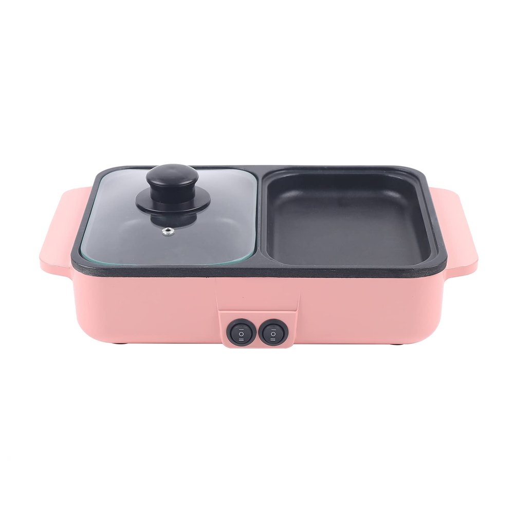 2 in 1 Multifunctional Electric Barbecue Hotpot Pan 110V Portable Electric Hot Pot with Grill Non-Stick Smokeless Teppanyaki Pan for Home Indoor Ourdoor (Pink)