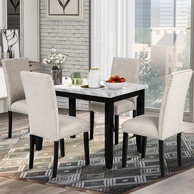 RUNNA Faux Marble 5-Piece Dining Set, Faux Marble Dining Table Set 4 Thicken Cushion Dining Chairs for Kitchen Restaurant Home Furniture (Beige)