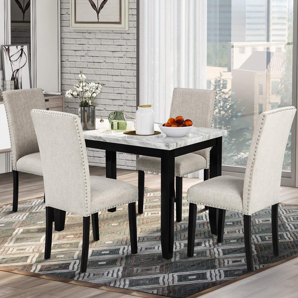 RUNNA Faux Marble 5-Piece Dining Set, Faux Marble Dining Table Set 4 Thicken Cushion Dining Chairs for Kitchen Restaurant Home Furniture (Beige)
