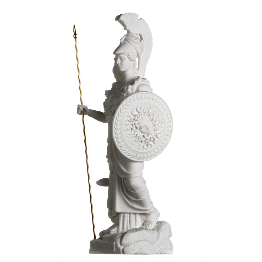 Athena with Owl Medusa Holding Shield Greek Goddess Alabaster Statue 14.56 Inches
