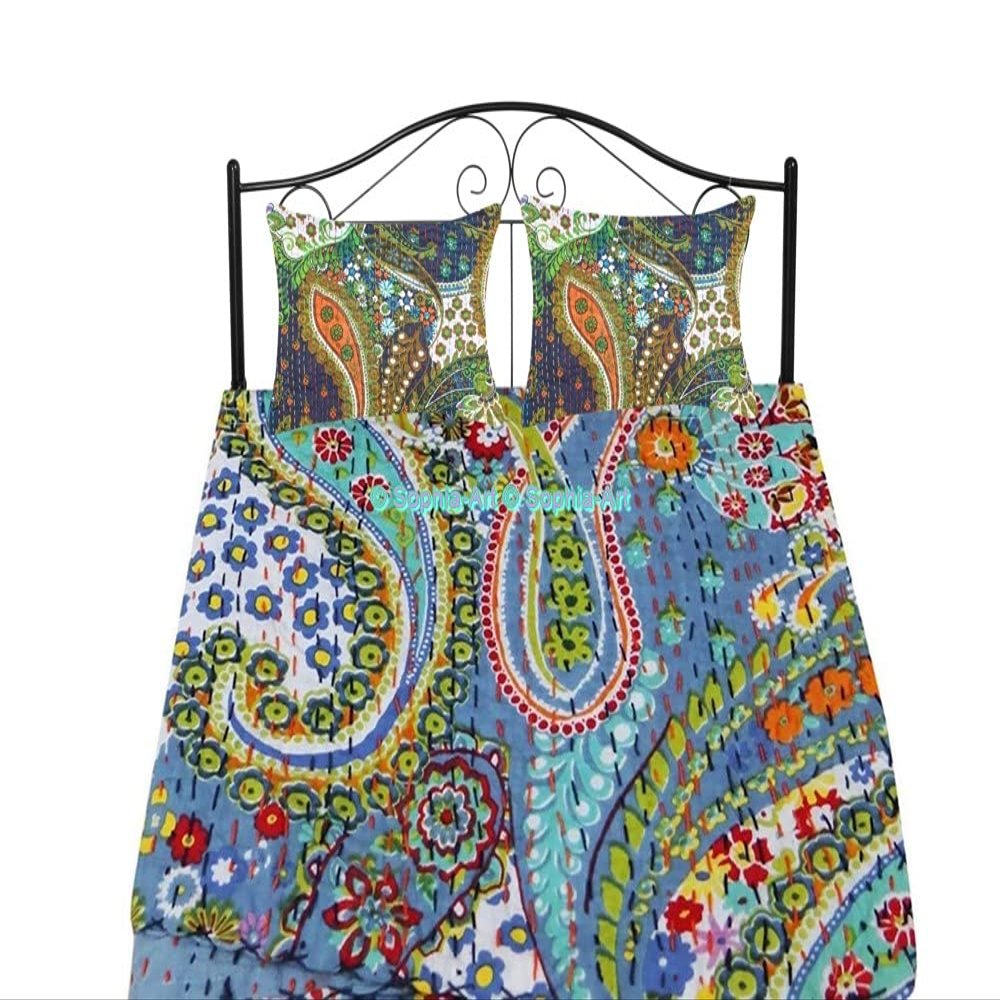 Sophia-Art Paisley Print Kantha Sofa Bedspread Indian Bed Bohemian Bedding Handmade Kantha Blanket Cover Kantha Cotton Quilt