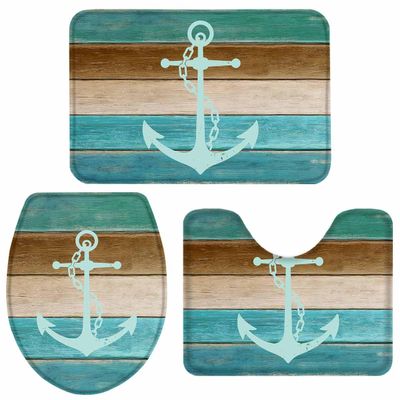 3 Pieces Bathroom Rugs and Mats Sets Vintage Chic Anchor Nautical Theme, Non Slip Water Absorbent Bath Rug, Toilet Seat/Lid Cover, U-Shaped Toilet Mat, Home Decor Doormats Chic Wooden Board