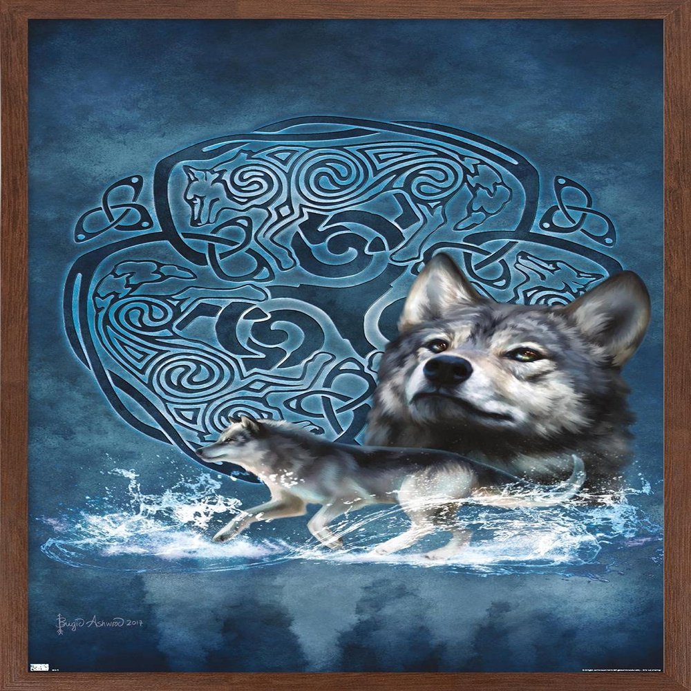 Trends International Brigid Ashwood - Celtic Wolf Wall Poster, 34L x 22.4W, Mahogany Framed Version