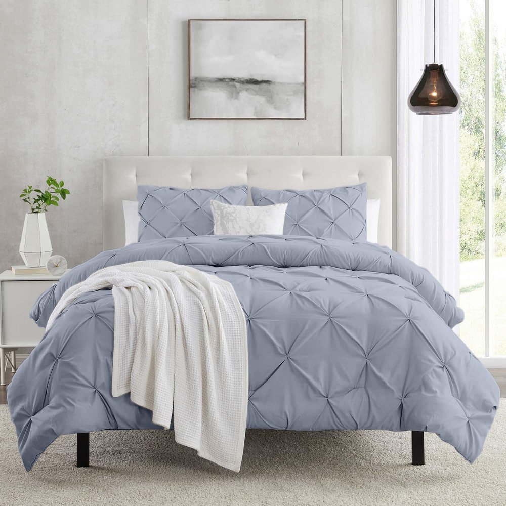 Duvet Cover California King Size 3 Piece Pintuck Comforter Set - 1 Duvet Cover 104x98 with 2 Pillow Shams - Ultra Soft Microfiber Bedding Pinch Pleated California King Duvet Cover Set Ice Blue