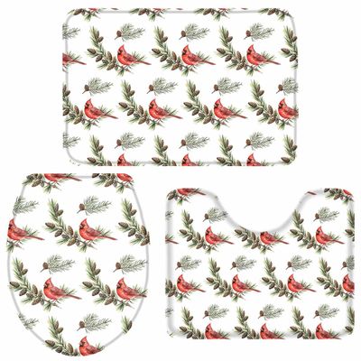 3 Pieces Bathroom Rugs and Mats Sets Cardinal Red Bird Merry Christmas,Non Slip Water Absorbent Bath Rug,Toilet Seat/Lid Cover,U-Shaped Toilet Mat,Home Decor Doormats Pine Cone Tree