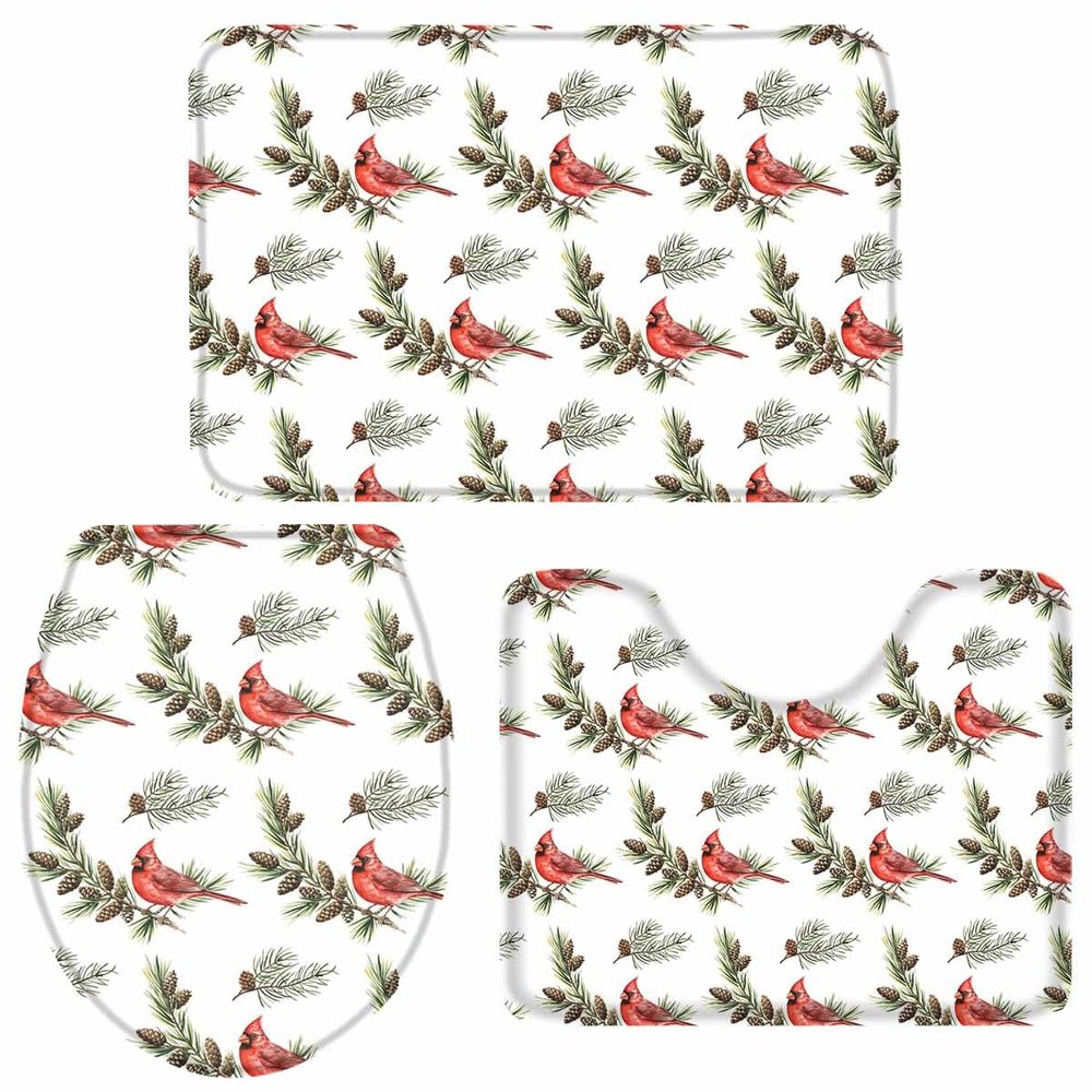 3 Pieces Bathroom Rugs and Mats Sets Cardinal Red Bird Merry Christmas,Non Slip Water Absorbent Bath Rug,Toilet Seat/Lid Cover,U-Shaped Toilet Mat,Home Decor Doormats Pine Cone Tree