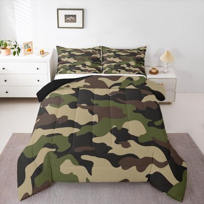 Teens Army Camouflage Bedding Set Full, Monochrome Attire Comforter Set Young Men Adult Camouflage Inside Vegetation Down Comforter Minimalist Camo Duvet Sets with 2 Pillow Shams, Army Green