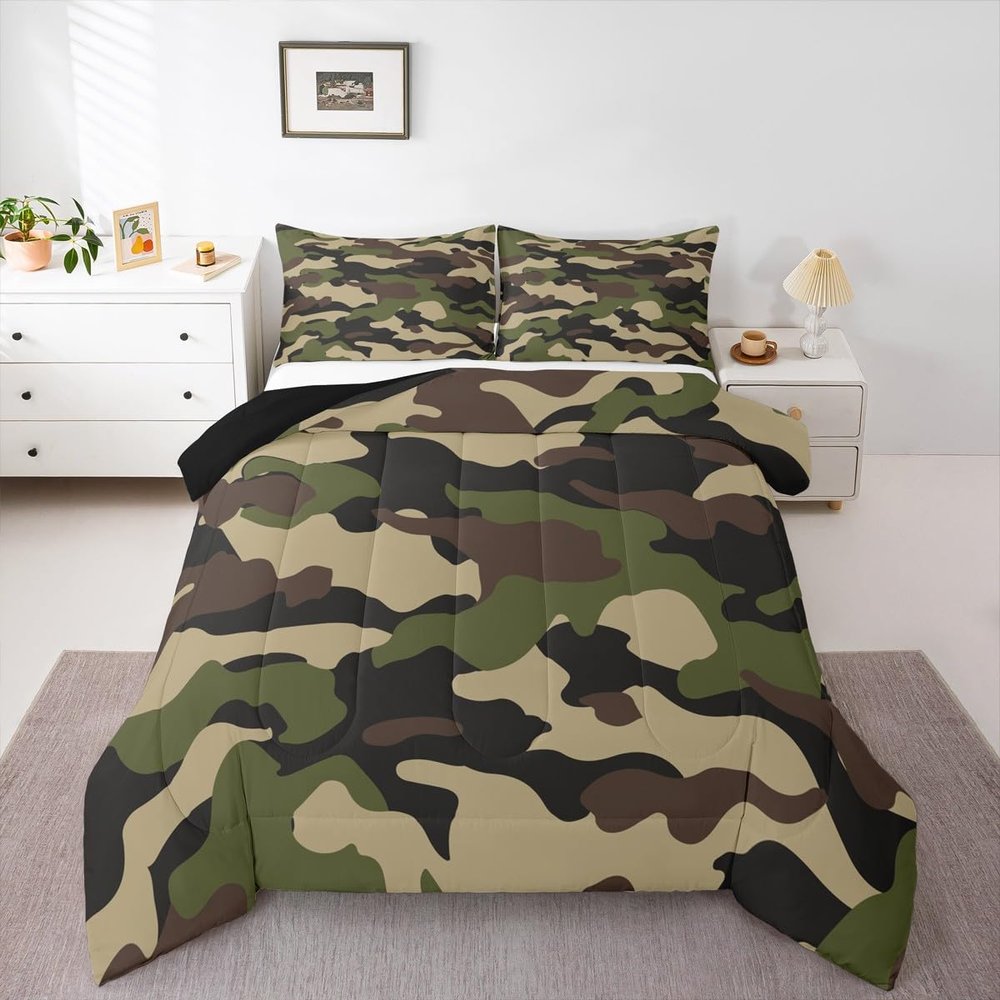 Teens Army Camouflage Bedding Set Full, Monochrome Attire Comforter Set Young Men Adult Camouflage Inside Vegetation Down Comforter Minimalist Camo Duvet Sets with 2 Pillow Shams, Army Green