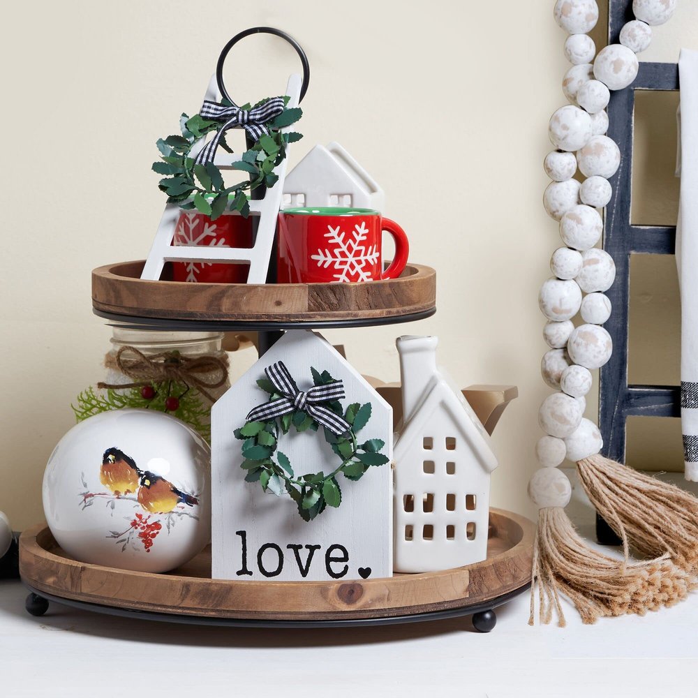 GENMOUS & CO. Farmhouse Tiered Tray Decor with Distressed Wood Bead Garland, Decorative 2 Tiered Serving Tray with Metal Handle for Rustic Home Dcor