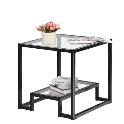 Accent Glass Coffee Table Side Table, Square 22" End Table with Glass-Top Lower Storage Shelf Metal Frame Protective Foot Pads, Modern Geometric-Inspired for Living Room, Dining Room, Office